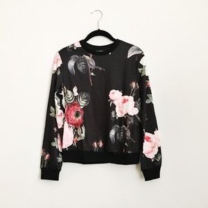 Black and Pink Floral Print Crew Neck Sweatshirt
